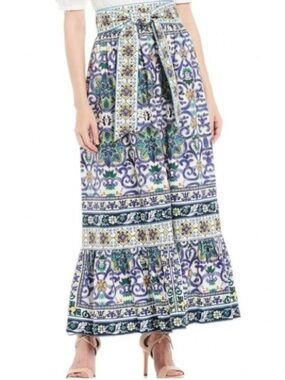 ANTONIO MELANI Tegan Tile Italian Print Cotton Ruffle Maxi Skirt